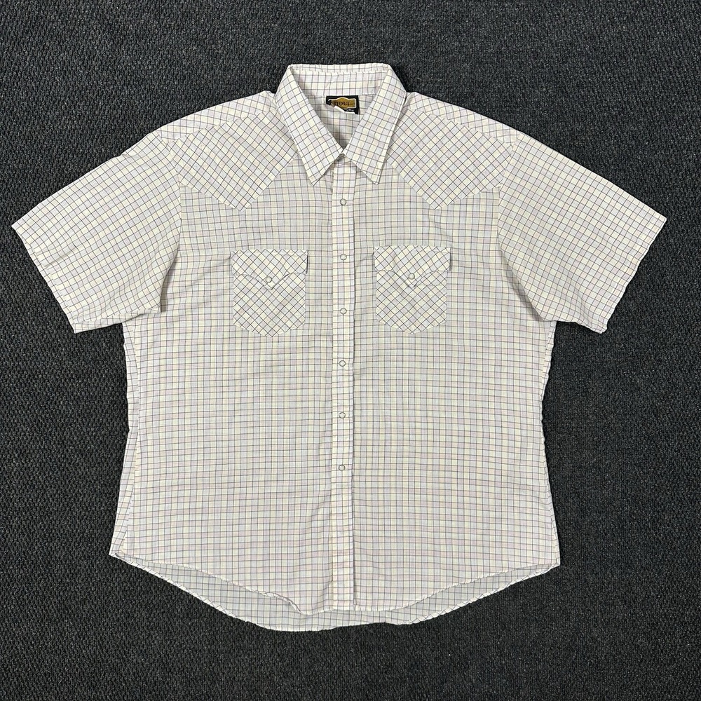 Vintage Holt Western Pearl Snap Shirt Mens 2XL Cream Pink Check Short Sleeve